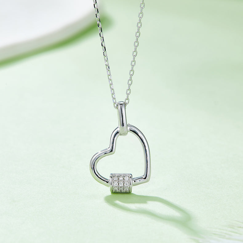 Lock Heart Pendant Necklace, S925 Silver Moissanite, D Color, 0.1CT