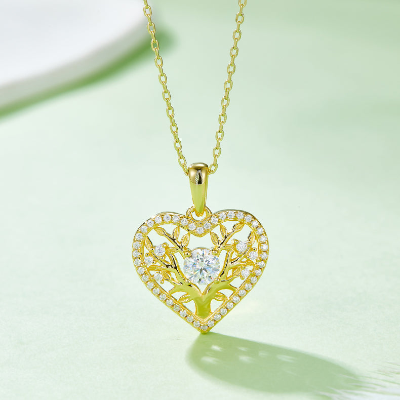 Tree of Life Heart Pendant Necklace, S925 Silver Moissanite, D Color, 0.78CT