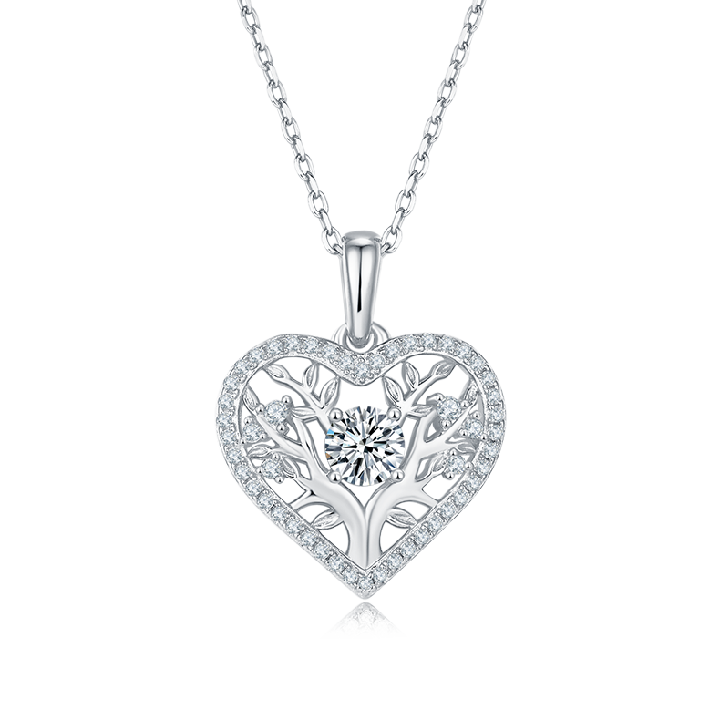 Tree of Life Heart Pendant Necklace, S925 Silver Moissanite, D Color, 0.78CT